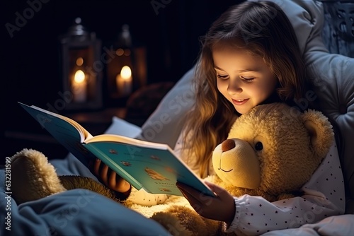 Child Reading A Book with Teddy Bear, Magic Childhood, Fairy Tale Dream, Generative AI Illustration