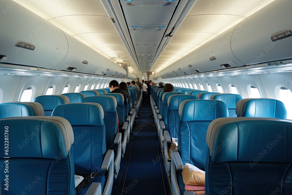 Fototapeta premium Aircraft Saloon, Comfortable Passenger Seats, Airplane Chairs, Air Board, Generative AI Illustration
