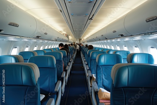 Aircraft Saloon, Comfortable Passenger Seats, Airplane Chairs, Air Board, Generative AI Illustration © artemstepanov