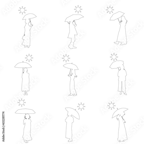 太陽と日傘をさす女性のイラストセットの線画 ベクター