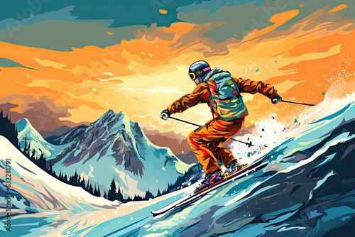 Jumping Skier, Extreme Winter Sports, Freestyle Skiing in Snow Mountains, Generative AI Illustration