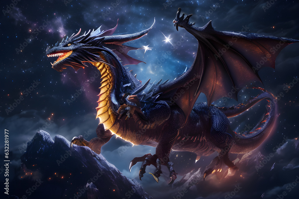 A majestic dragon soaring through a star-filled night sky.
A majestic dragon soaring through a star-filled night sky.