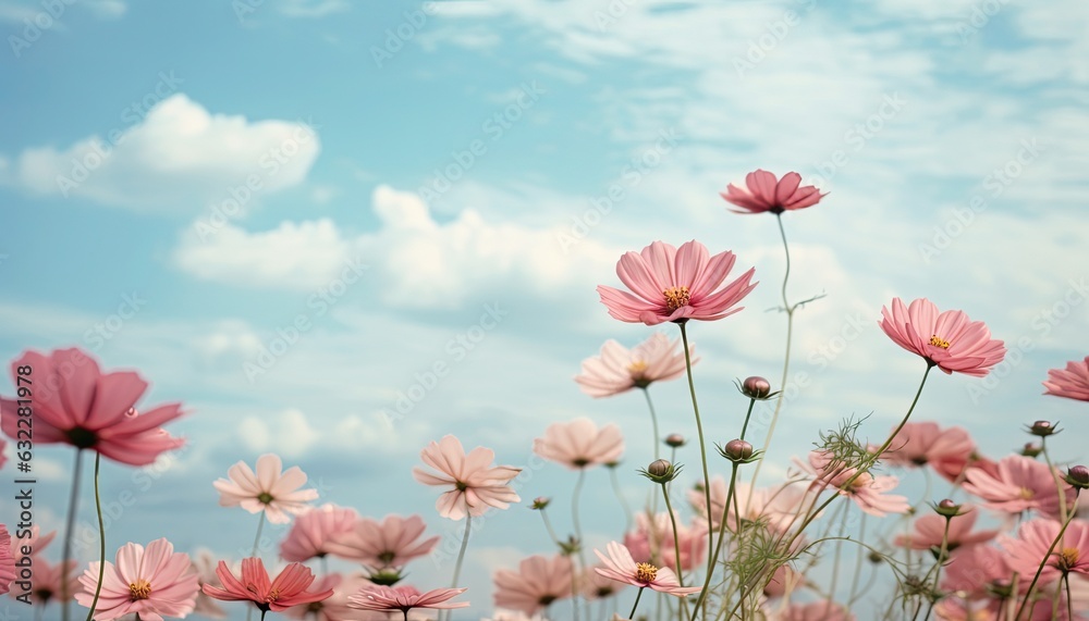 Obraz premium Macro close up photography of flowers on a blue sky background with clouds.