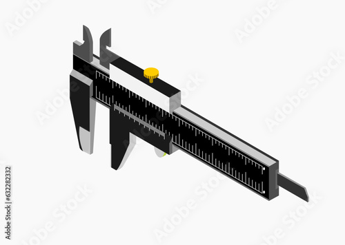 A black color Vernier caliper isolated on white background. Its a visual aid to take an accurate measurement reading between two graduation markings on a linear scale by using mechanical interpolation