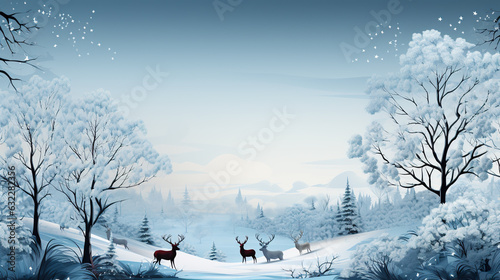 A herd of deer standing on top of a snow covered forest. Winter greeting card design, wintertime background with copy space, place for text. photo