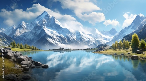 a painting of a mountain range with a lake in the foreground.  generative ai © Anna