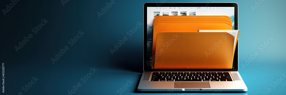 File folder on laptop screen, background with space for text ...