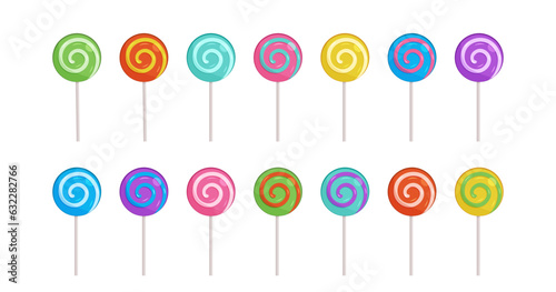 Lollipop candy vector icon, spiral sucker on stick, sugar swirl set. Rainbow sweet lollypop isolated on white background. Cartoon illustration