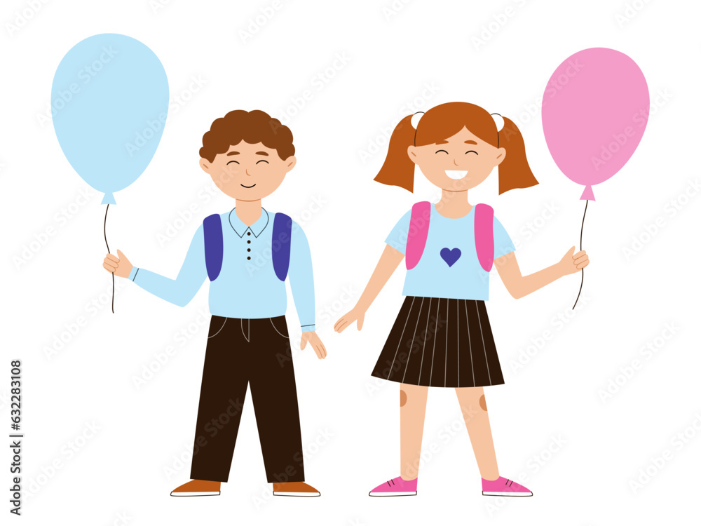 Back to school happy boy and girl with a backpack and a balloon in a school uniform. Vector illustration on a white background Back to school happy boy and girl with a backpack and a balloon in a school uniform. Vector illustration on a white background