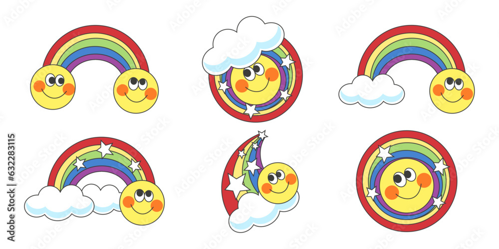 Set of cheerful yellow emoticons with colorful rainbow. Sticker in a children's theme. Flat style. vector illustration.