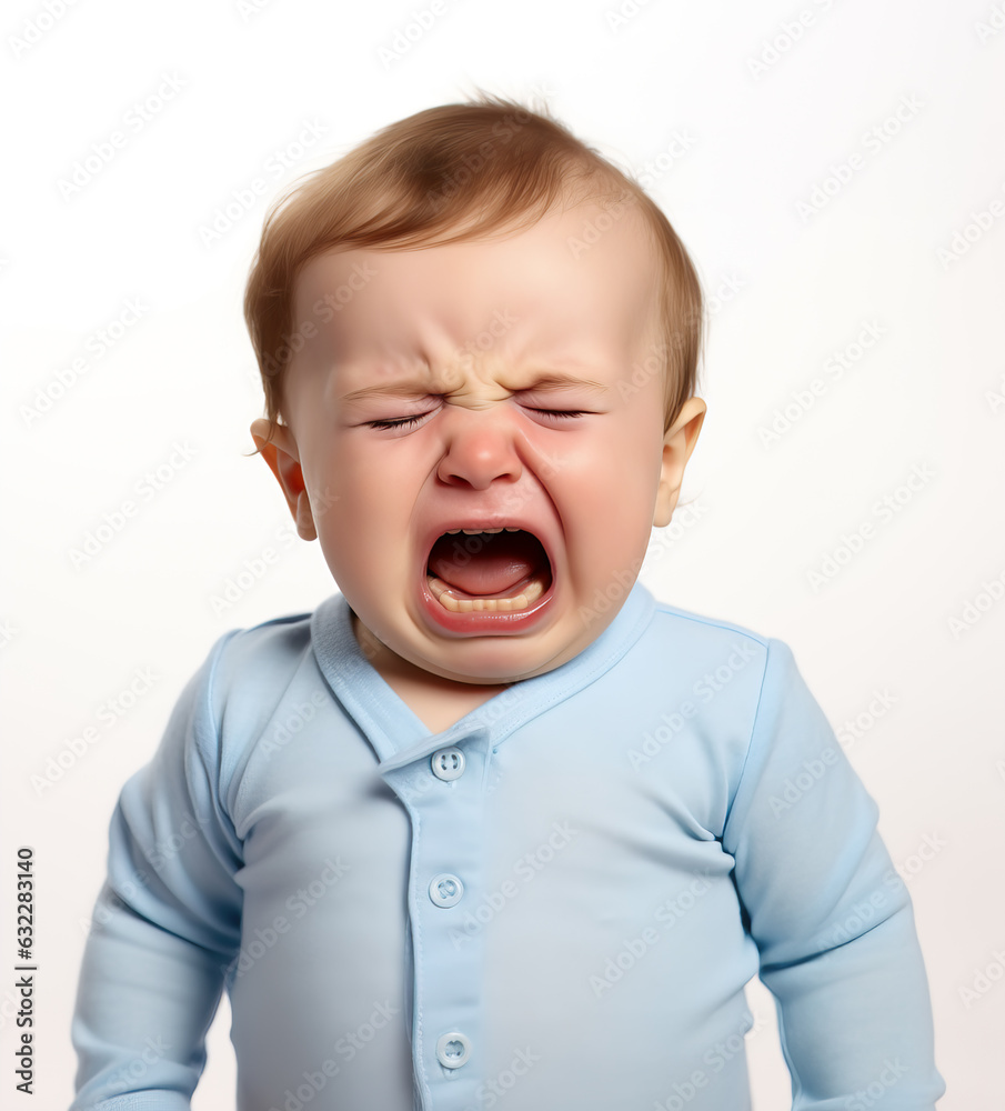Closeup photo of a cute little baby boy child crying and screaming isolated on white background Closeup photo of a cute little baby boy child crying and screaming isolated on white background