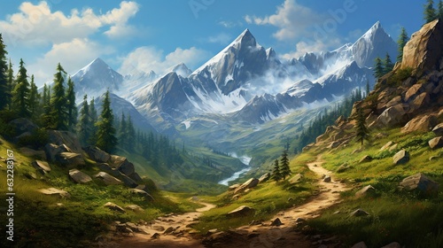  a painting of a mountain landscape with a path leading to a lake. generative ai