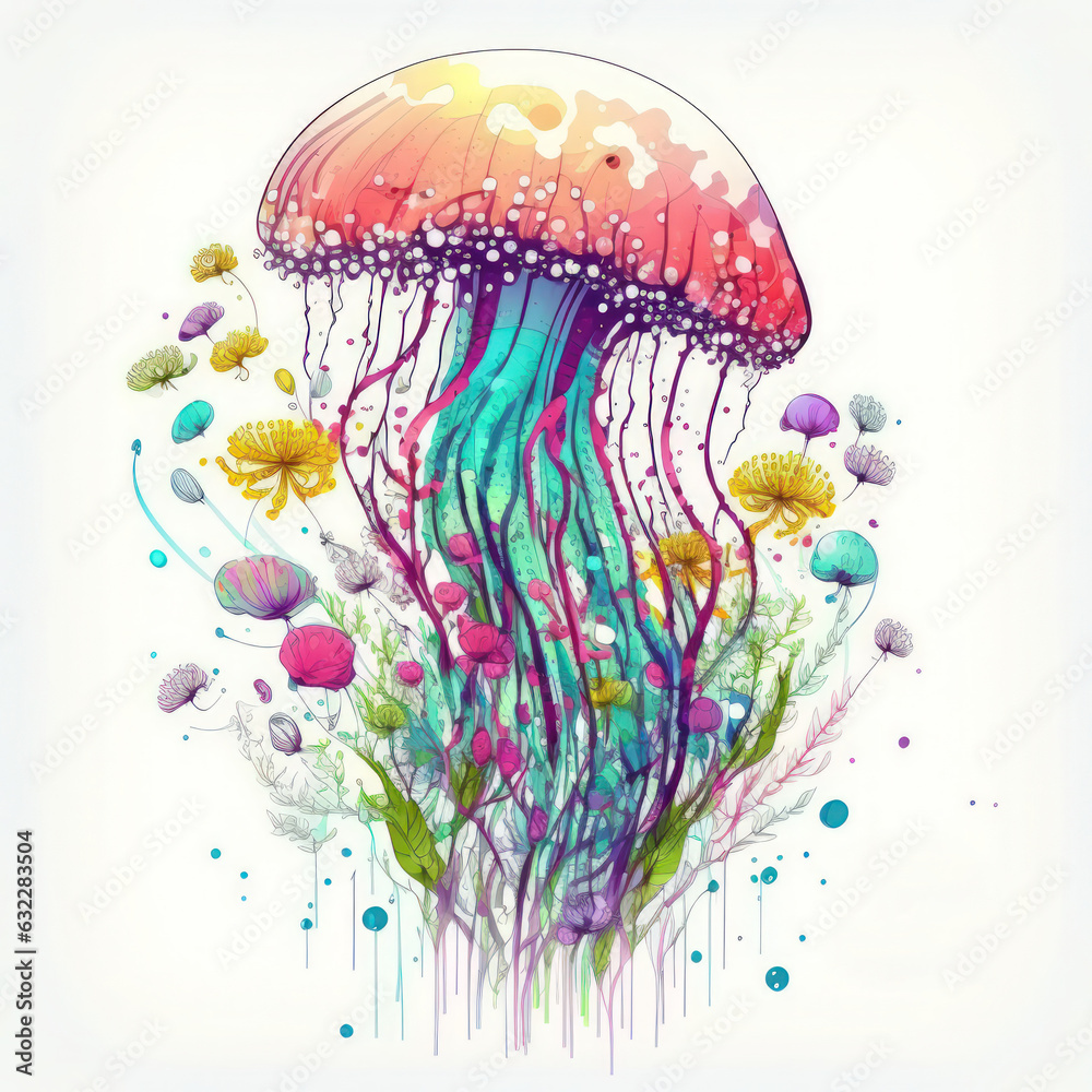 Psychedelic surreal abstract jellyfish minimal. Vivid hand drawn fashionable fish on white background. Colourful illustration trendy background for interior design