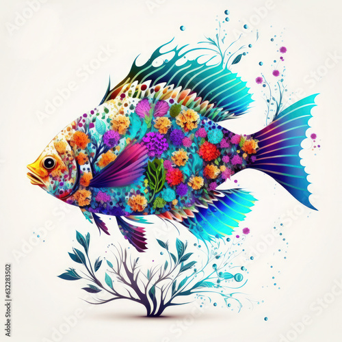 Psychedelic surreal abstract flower fish minimal. Vivid hand drawn fashionable fish on white background. Colourful illustration trendy background for interior design © Happy Lab