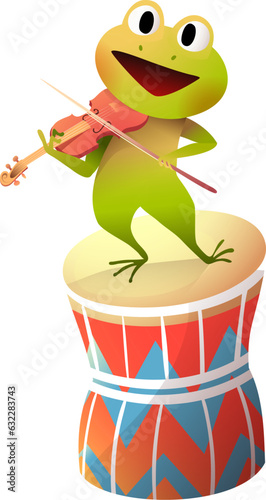 Cute frog playing violin standing on drum. Funny animal toad frog character playing violin musical instrument for kids show. Children event Illustration, vector clipart in watercolor style.