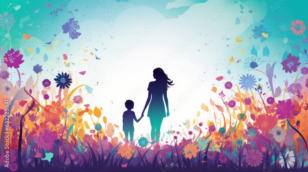 Illustration silhouette picture for mothers day containing a mom hugging her son/daughter