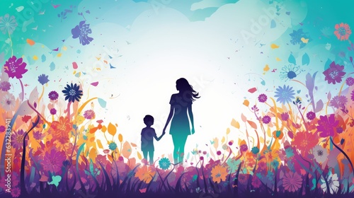 Illustration silhouette picture for mothers day containing a mom hugging her son/daughter