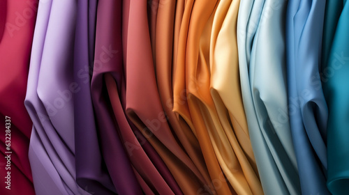 an array of colorful smooth silky cloth, colorful clothes and cloths, various smooth fabrics background, made with Generative AI