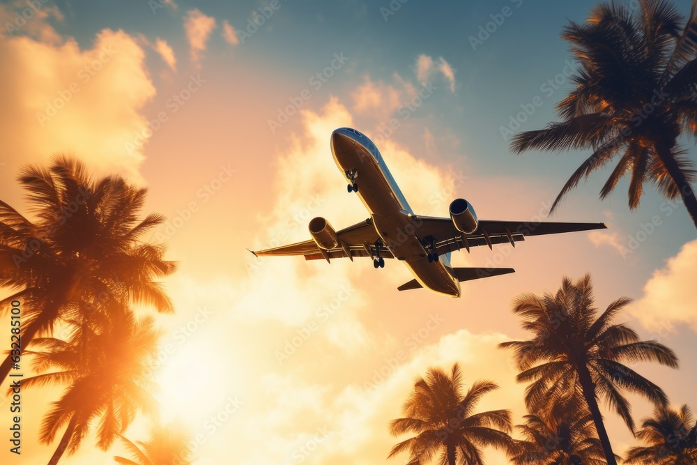 Fototapeta premium Airplane flying over palm trees at sunset. Travel and vacation concept, Airplane flying above palm trees in clear sunset sky with sun rays, AI Generated