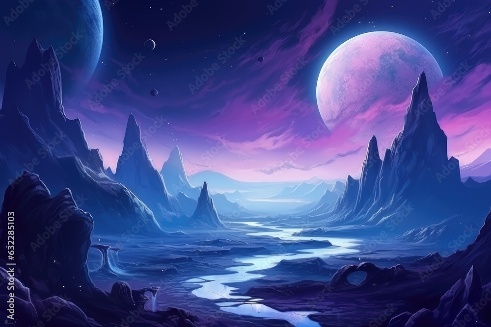 Fantasy alien planet. Mountain and lake. 3D illustration. Alien planet ...