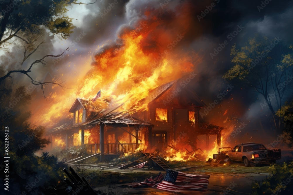 Burning house in the forest. Fire in the house. 3d illustration, American house on fire and firefighters are trying to stop the fire, AI Generated