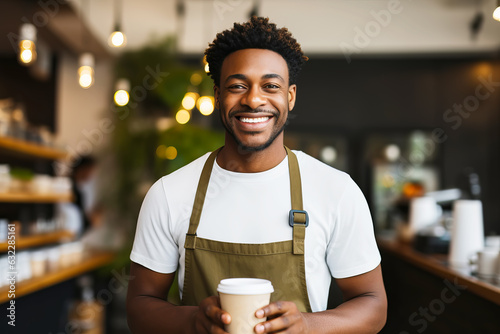 African american barista wearing apron working at the counter in cafe indoors