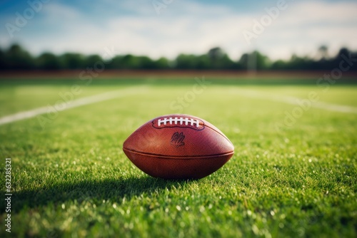 American football ball on green field. American football ball on green field. American Football shot with shallow depth of field with room for copy  AI Generated