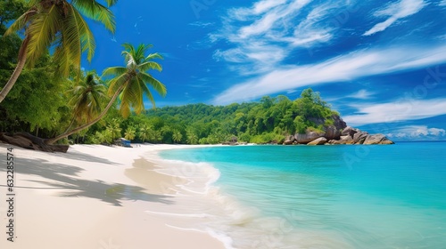  a tropical beach with palm trees and blue water on a sunny day. generative ai