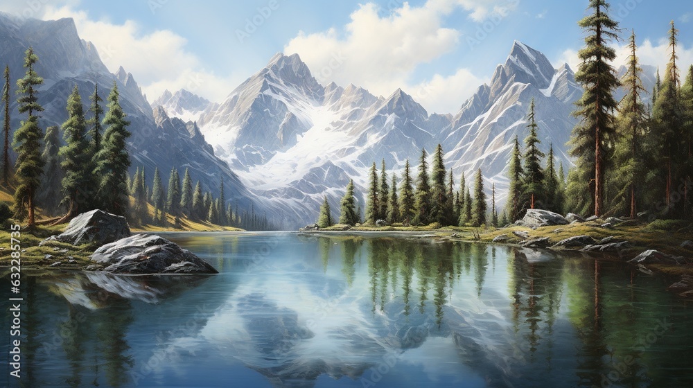  a painting of a mountain lake surrounded by trees and rocks.  generative ai