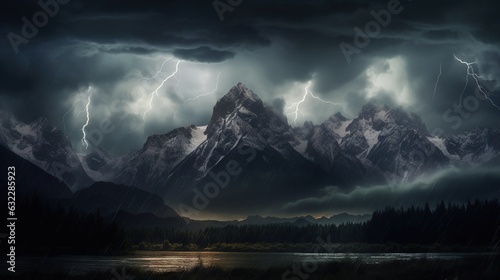  a mountain scene with a lake and a storm in the sky.  generative ai © Anna