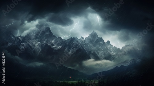  a mountain range with a dark sky and lightning in the background.  generative ai © Anna