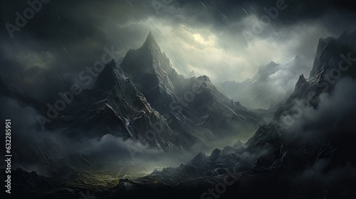  a painting of a mountain range in a storm with a full moon in the sky.  generative ai © Anna