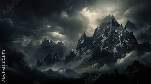  a mountain covered in clouds under a dark sky with a full moon. generative ai