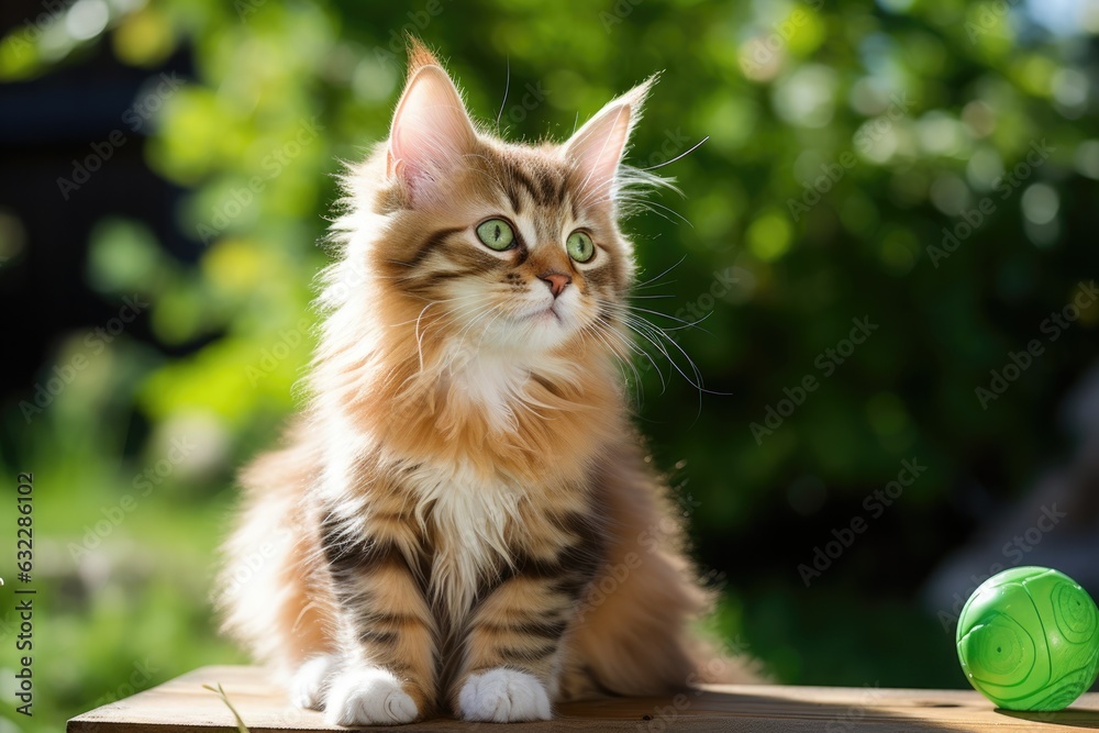 The cat looks to the side and sits on a green lawn. Portrait of a fluffy gray cat with green eyes in nature,
