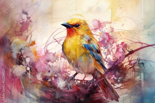 drawn bird on a tree branch. watercolor illustration