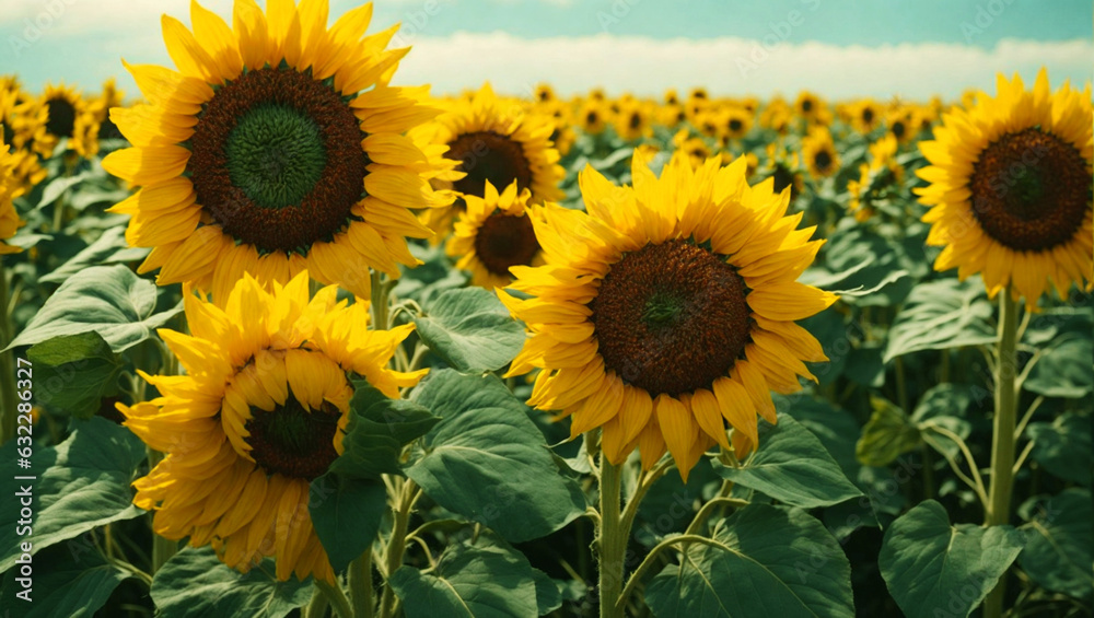Fototapeta premium Friendship and tolerance concept To be yourself to be unique. Field of ordinary sunflowers and one colorful sunflower