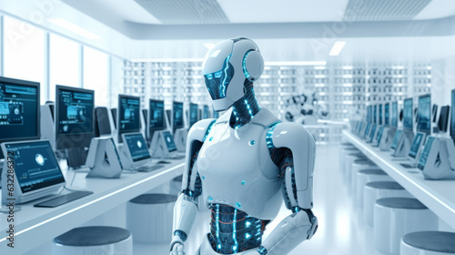 A robot surrounded by computers in a high-tech room
