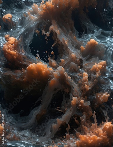 An orange substance swirling in water during a stage performance