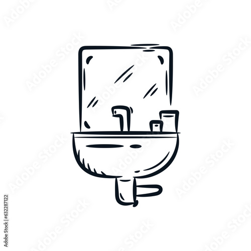 Sink wastafel bathroom mirror hand drawn sketch line drawing vector icon cartoon illustration