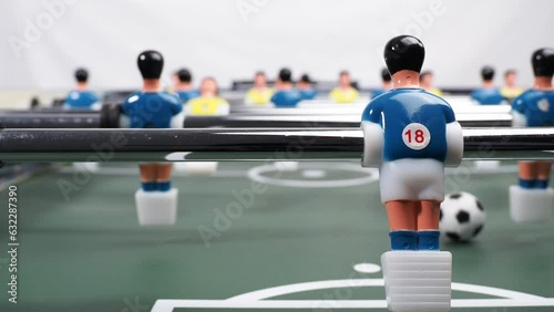 Close-up of a table football game. Camera movement. Football game.