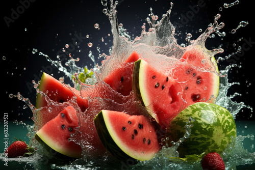 Explosion of taste  watermelon on a green background in a splash of juice  refreshing juicy fruit concept