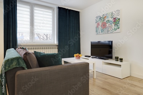 Nowoczesny apartament z zielona sofą, telewizorem i otwartą kuchnią