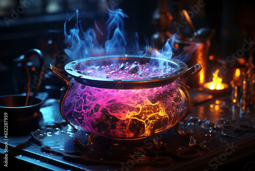 Witch cauldron with boiling luminous potion and various magic ritual attributes for alchemy, spooky wallpaper for Halloween photo