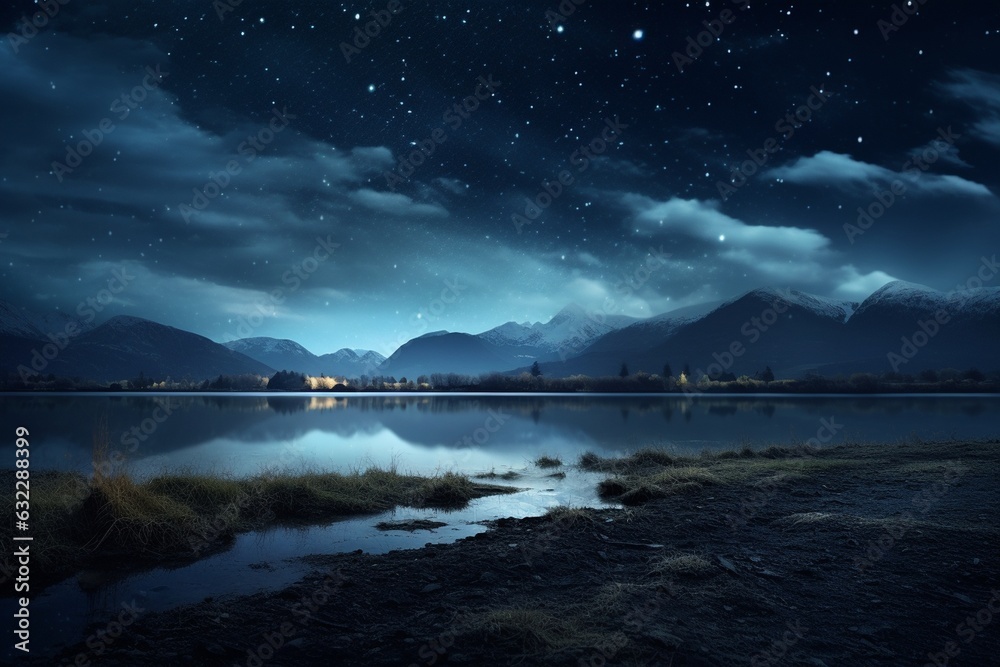 Photographs of night landscapes with starry sky, Generative AI