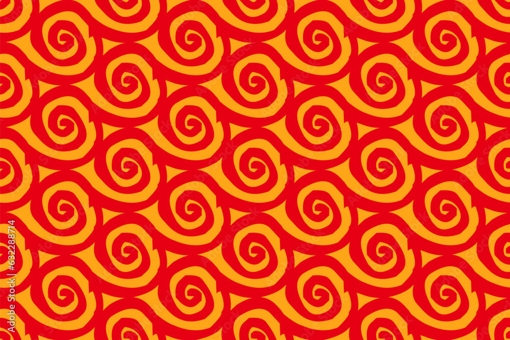 Seamless vintage pattern with spiral geometric red shapes in 1960's style on yellow background. Summer or spring motif. Can be used for fabric,cloth,textile,wallpaper,scrapbooking,covers and decor.