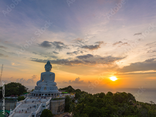 aerial view around Phuket big Buddha in beautiful sunset..360 degree view on Phuket big Buddha viewpoint..image for travel and religious ideas..smooth cloud in stunning sky background