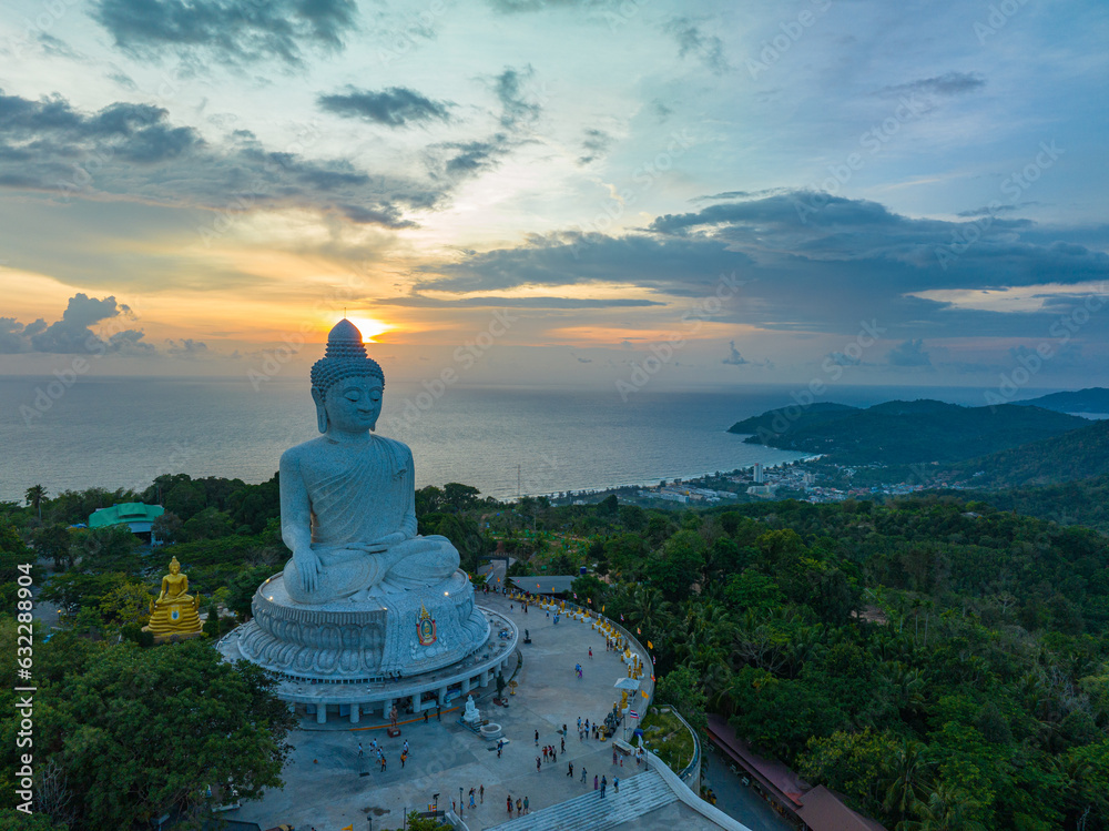 aerial view around Phuket big Buddha in beautiful sunset..360 degree view on Phuket big Buddha viewpoint..image for travel and religious ideas..smooth cloud in stunning sky background