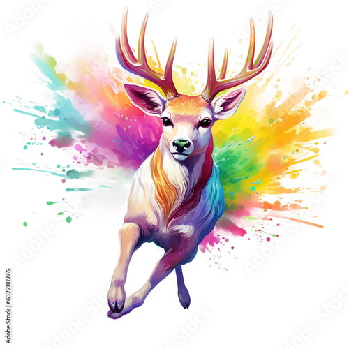 rainbow colored cute deer in the style of running speed coming out from rainbow color splash watercolor isolated