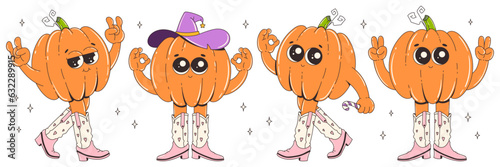 Groovy retro halloween characters. Funky cool pumpkins in cowboy boots. Happy Halloween. Trendy retro cartoon style vector illustration.