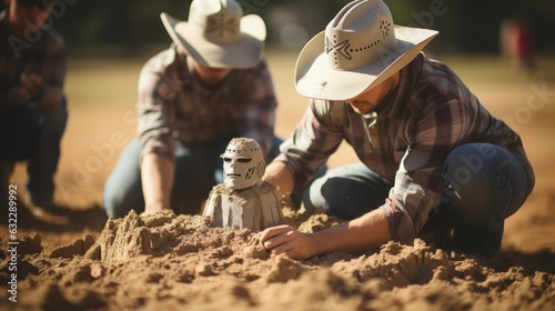 Three cowboys are building a sand castle, RAW photo